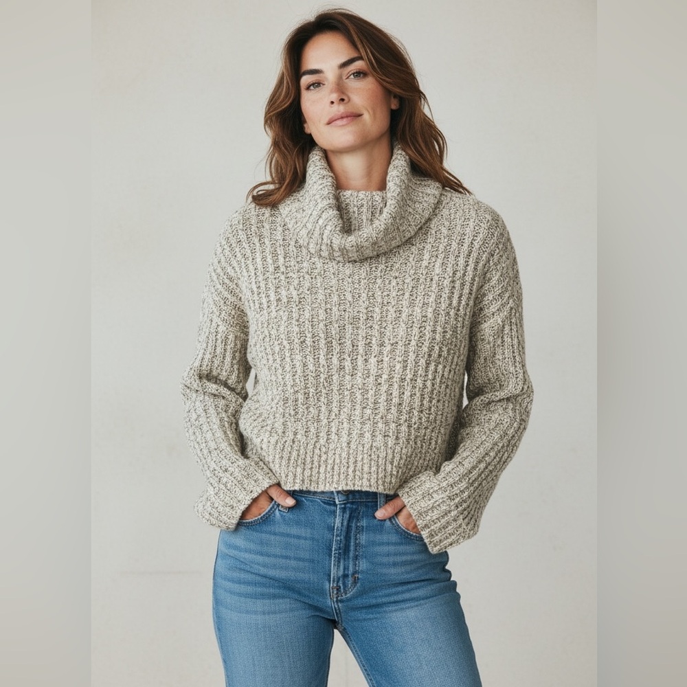 Free People Gray Chunky Knit Cropped Turtleneck Sweater
